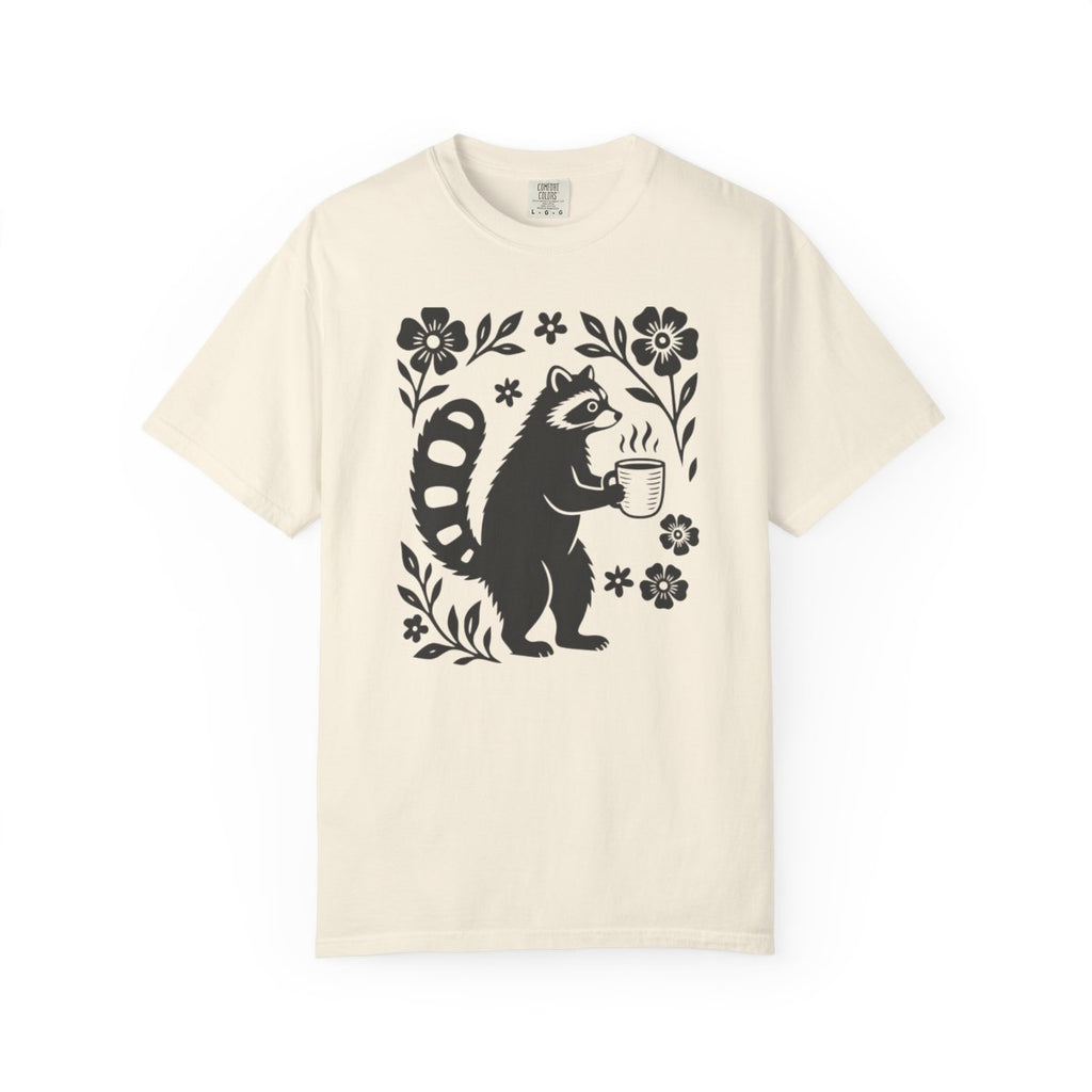 Raccoon Coffee Shirt Floral Folk Art Tee - Ivory