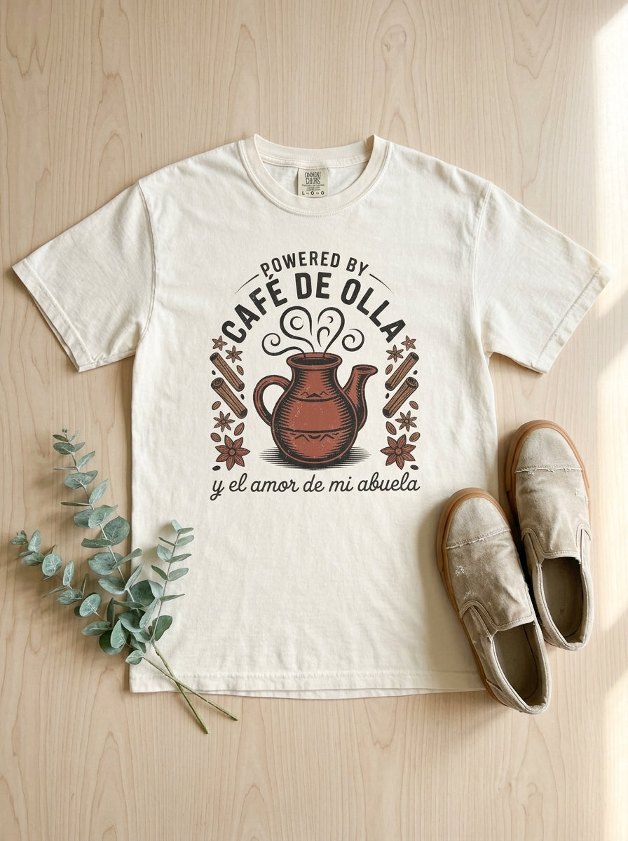 Powered by Café de Olla Shirt - Mexican American Heritage Coffee Tee