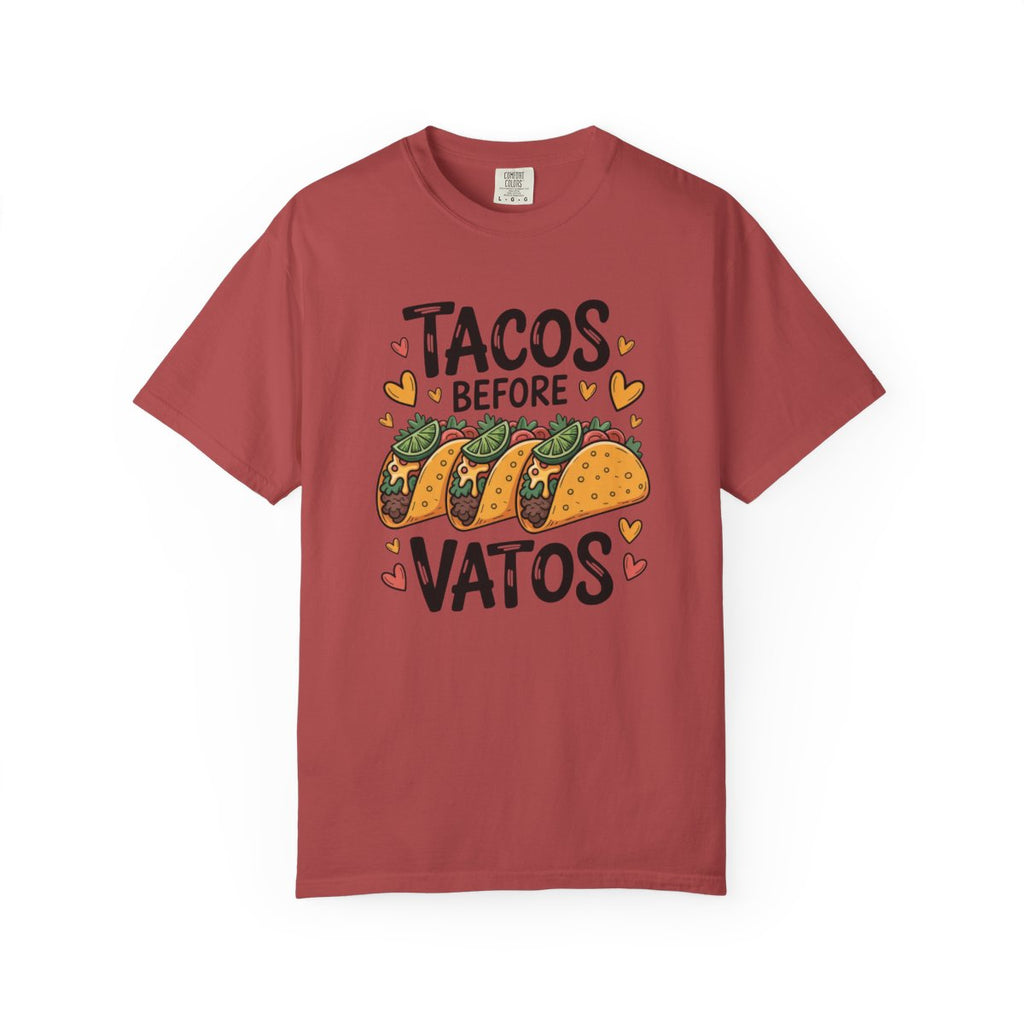 Tacos Before Vatos Shirt - Funny Mexican - Crimson