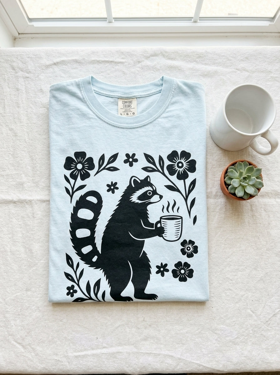 Raccoon Coffee Shirt Floral Folk Art Tee