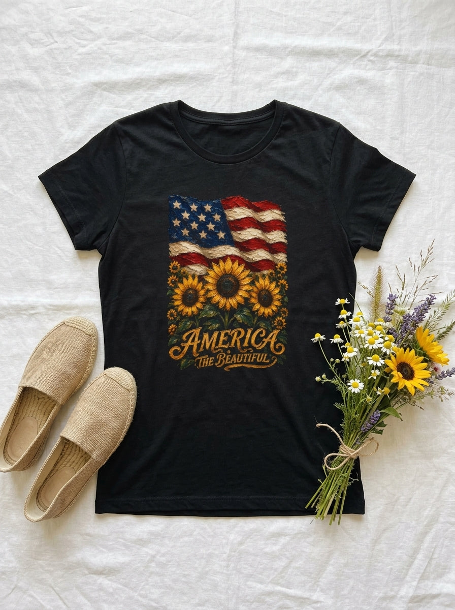 Women's America The Beautiful Sunflower Flag T-Shirt