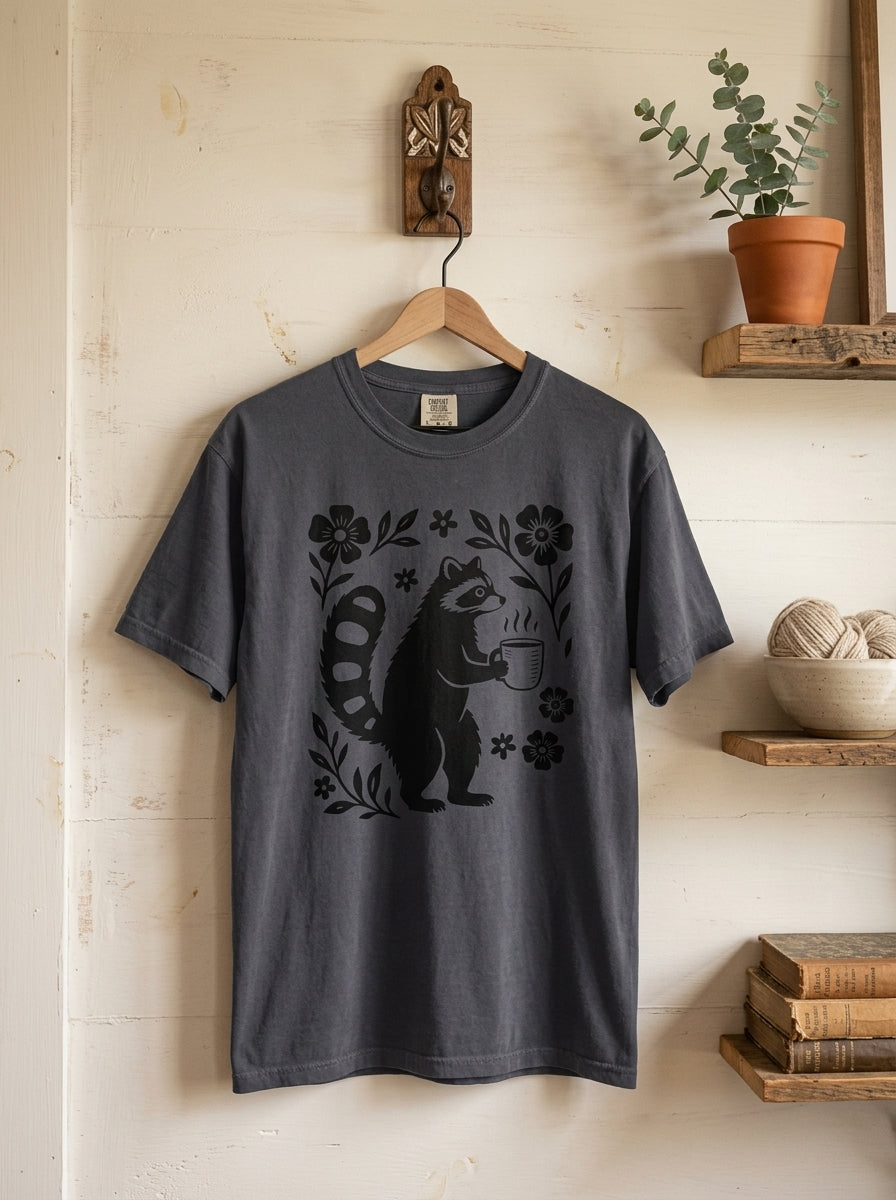 Raccoon Coffee Shirt Floral Folk Art Tee